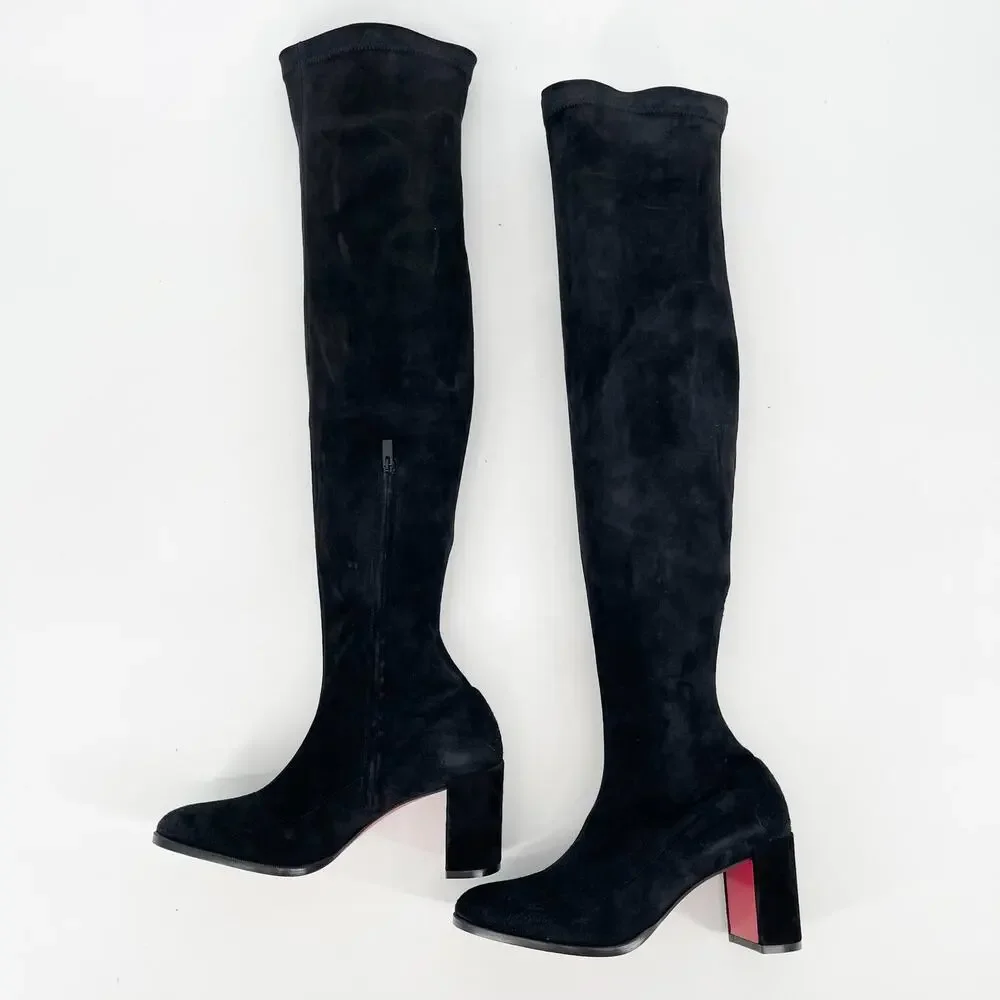 Christian Louboutin Stretchadoxa Black Over the Knee Block Heel Boots EU 37